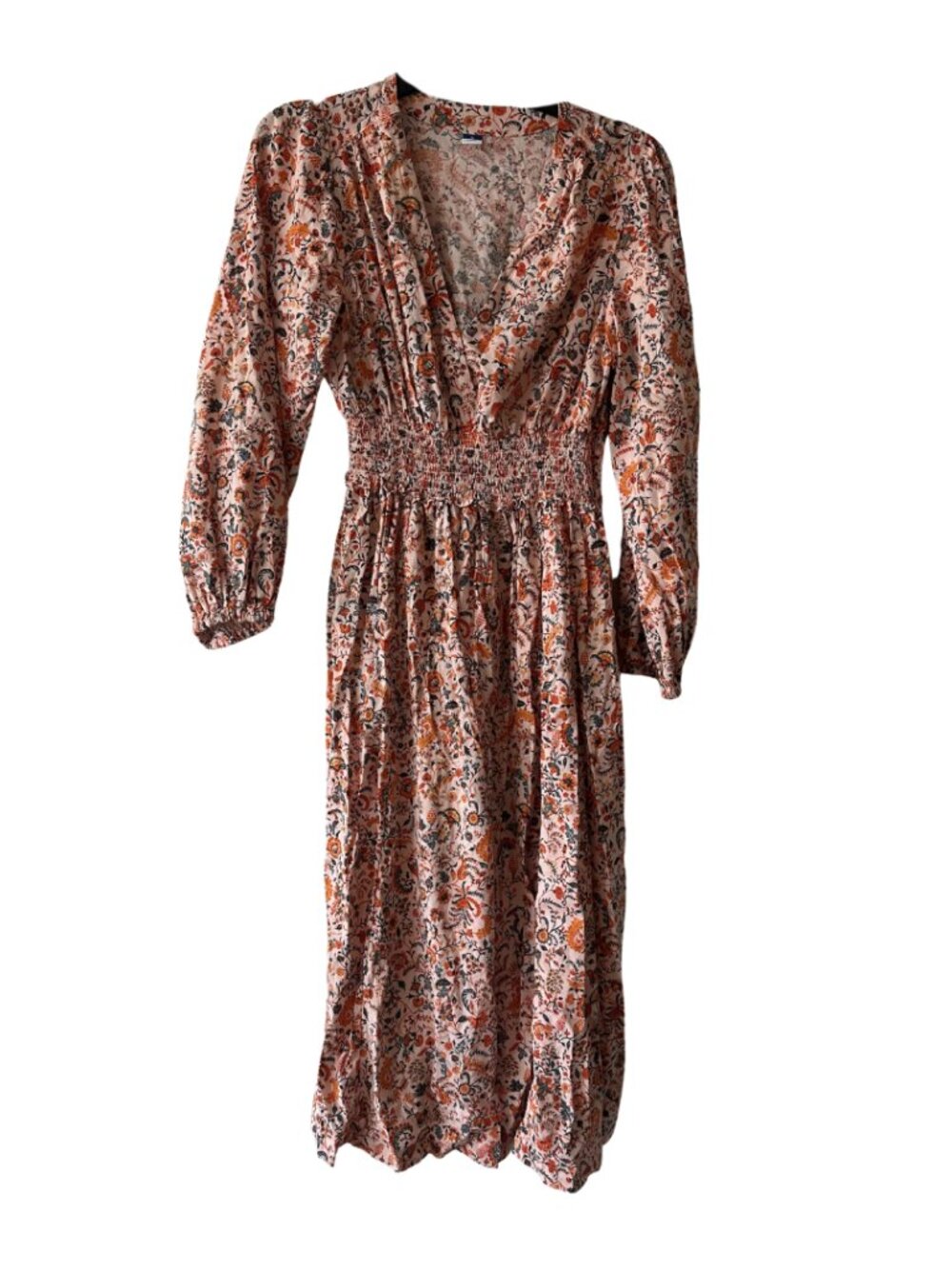 Floral Midi Orange Long Sleeve Boho Dress (Size Medium)